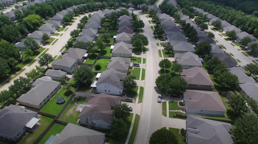 Aerial view of an American suburban neighborhood